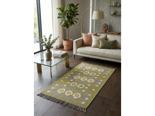 Farmhouse Boho Rug | Olive Green Floral Kilim Design